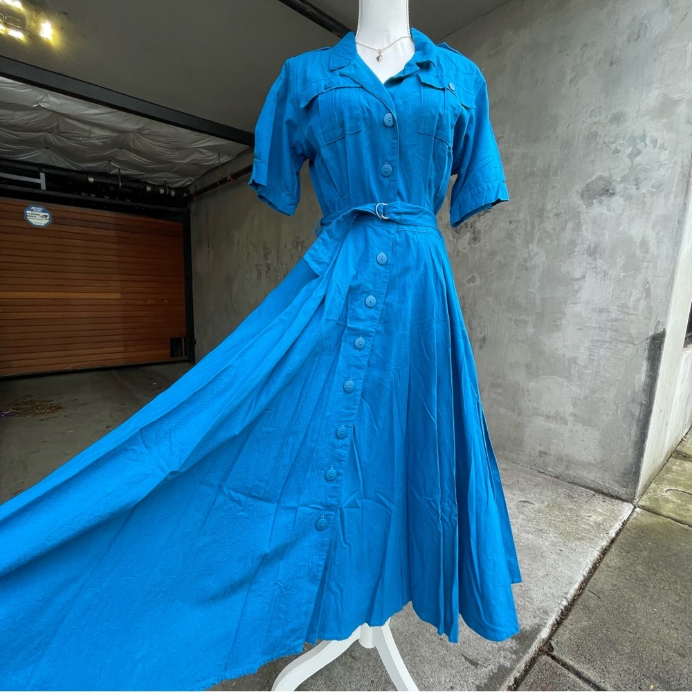 Vintage 80s Does 50s Blue Button Up Dress